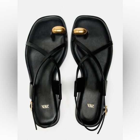 ZARA FLAT STRAPPY SANDALS WITH METAL EMBELLISHMENT - Picture 1 of 5
